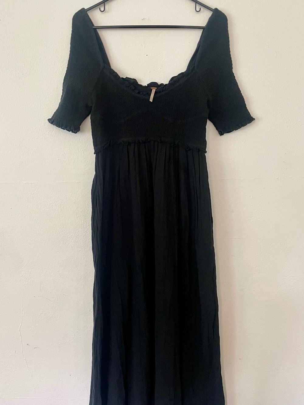 Free People Black Smocked Square-Neck Maxi Dress - Size S
